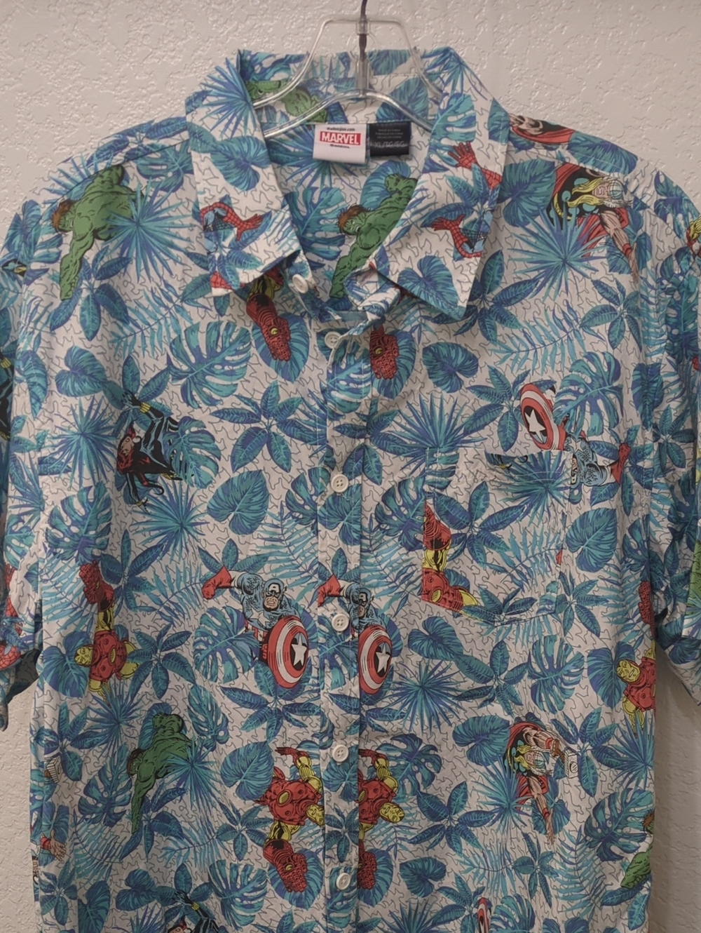 Marvel Men's Blue Tropical Marvel Character Button-Up Shirt
